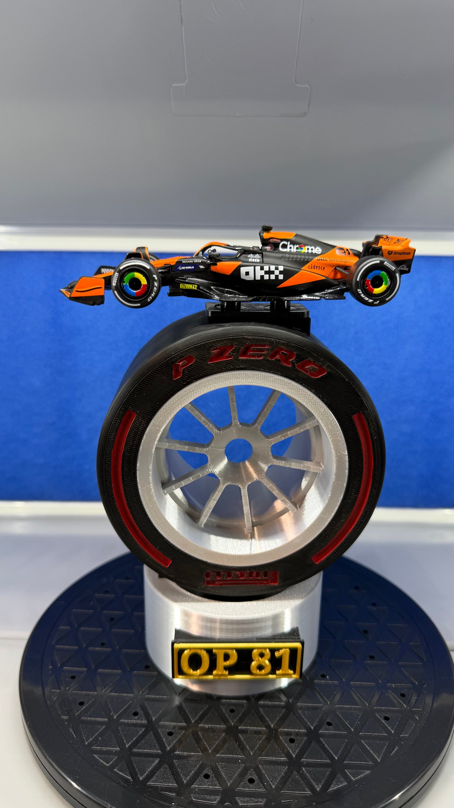 1/43 Die-Cast McLaren F1 MCL38 #81 Oscar Piastri on Custom Pole Position Trophy Display Stand