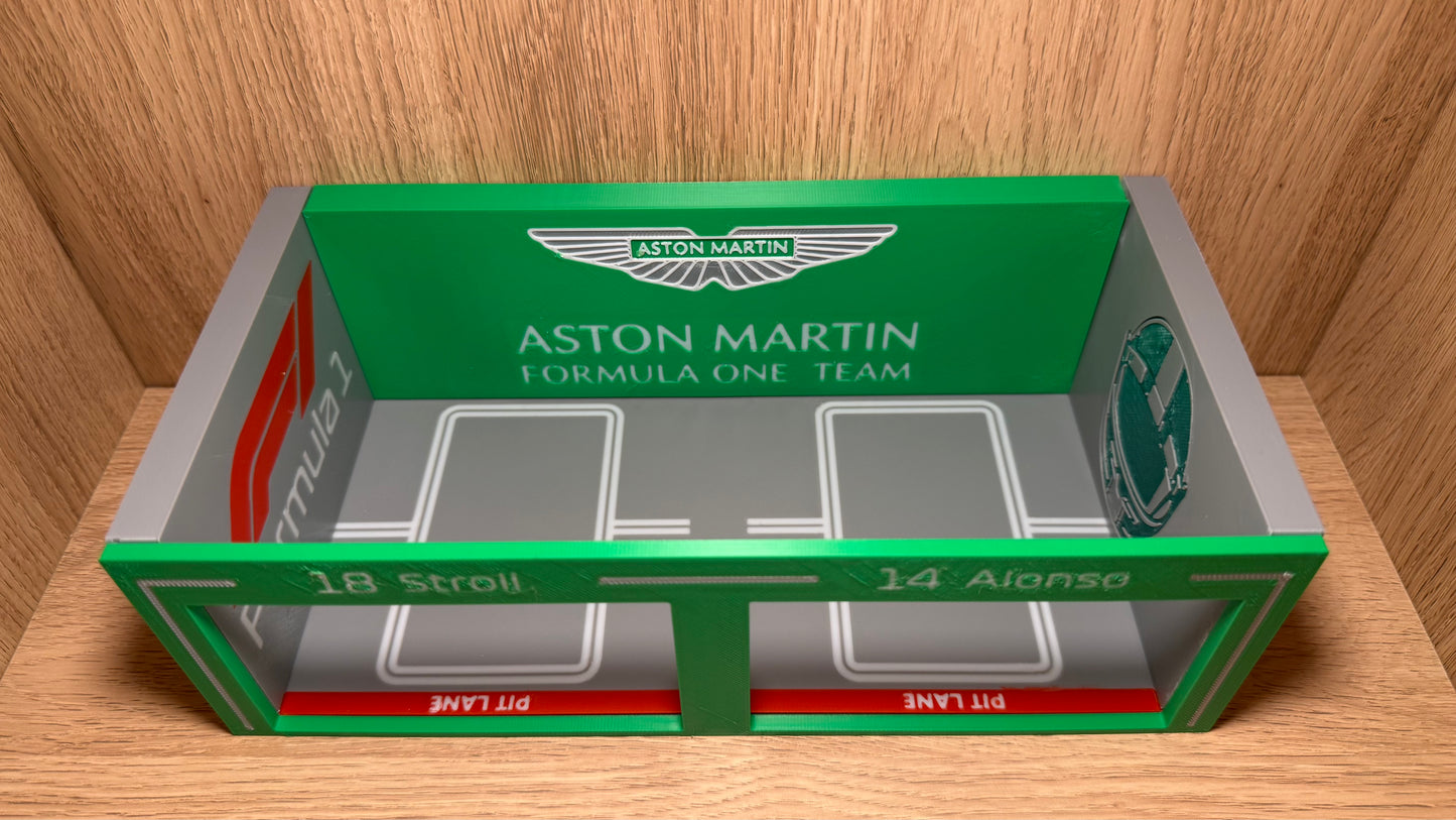 1/64 Aston Martin F1 Pit Garage Alonso & Stroll Piastri Hot Wheels Spark Burago