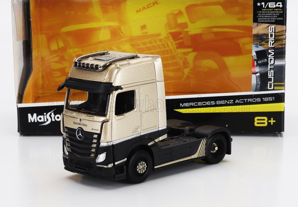 Maisto Design 1:64 Die-Cast Custom Rigs MERCEDES BENZ - ACTROS 1851 MP4 GIGASPACE TRACTOR TRUCK 2-ASSI 2018 - BEIGE BLACK Opening Hood