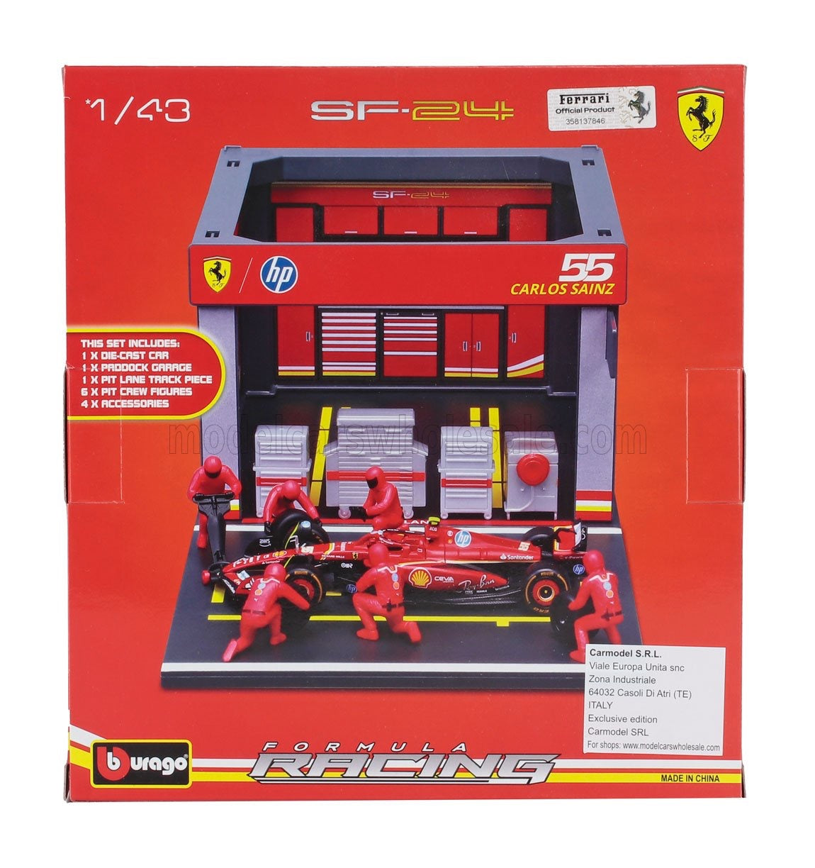 BURAGO - 1/43 - FERRARI - F1 SF-24 DIORAMA GARAGE PIT-STOP TEAM SCUDERIA FERRARI N 55 SEASON 2024 CARLOS SAINZ WITH CREW FIGURE AND ACCESSORIES