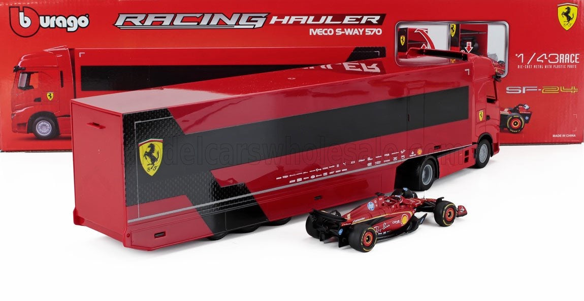BURAGO - 1/43 - Ferrari IVECO FIAT - SET TRUCK S-WAY 570 TRUCK CAR TRANSPORTER WITH F1 SF-23 N 16 SEASON 2023 CHARLES LECLERC