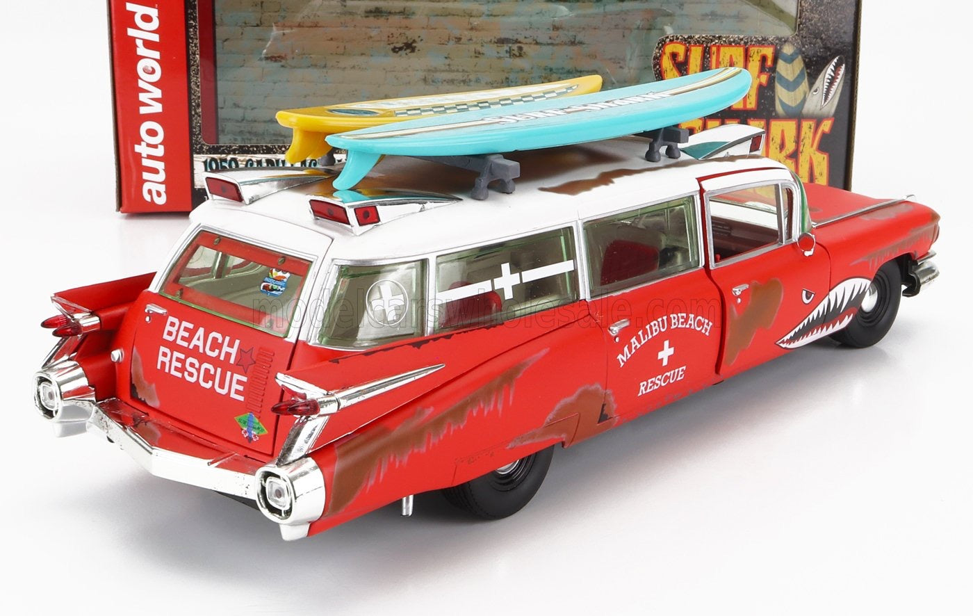 1/18 AUTOWORLD CADILLAC - ELDORADO AMBULANCE WITH SHARK GRAPHICS AN SURFBOARDS 1959 - RED WHITE LIMITED EDITION