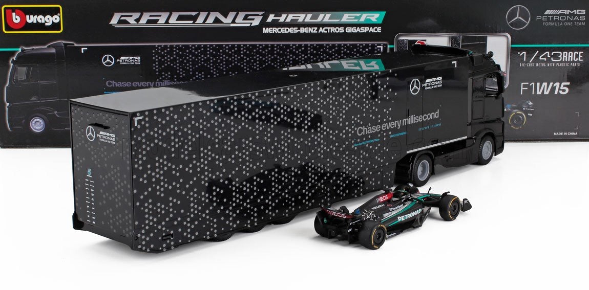 BURAGO - 1/43 - MERCEDES BENZ - ACTROS 2 GIGASPACE TRUCK CAR TRANSPORTER WITH F1 MERCEDES GP W14 TEAM MERCEDES-AMG PETRONAS FORMULA ONE N 63 SEASON 2023 GEORGE RUSSELL