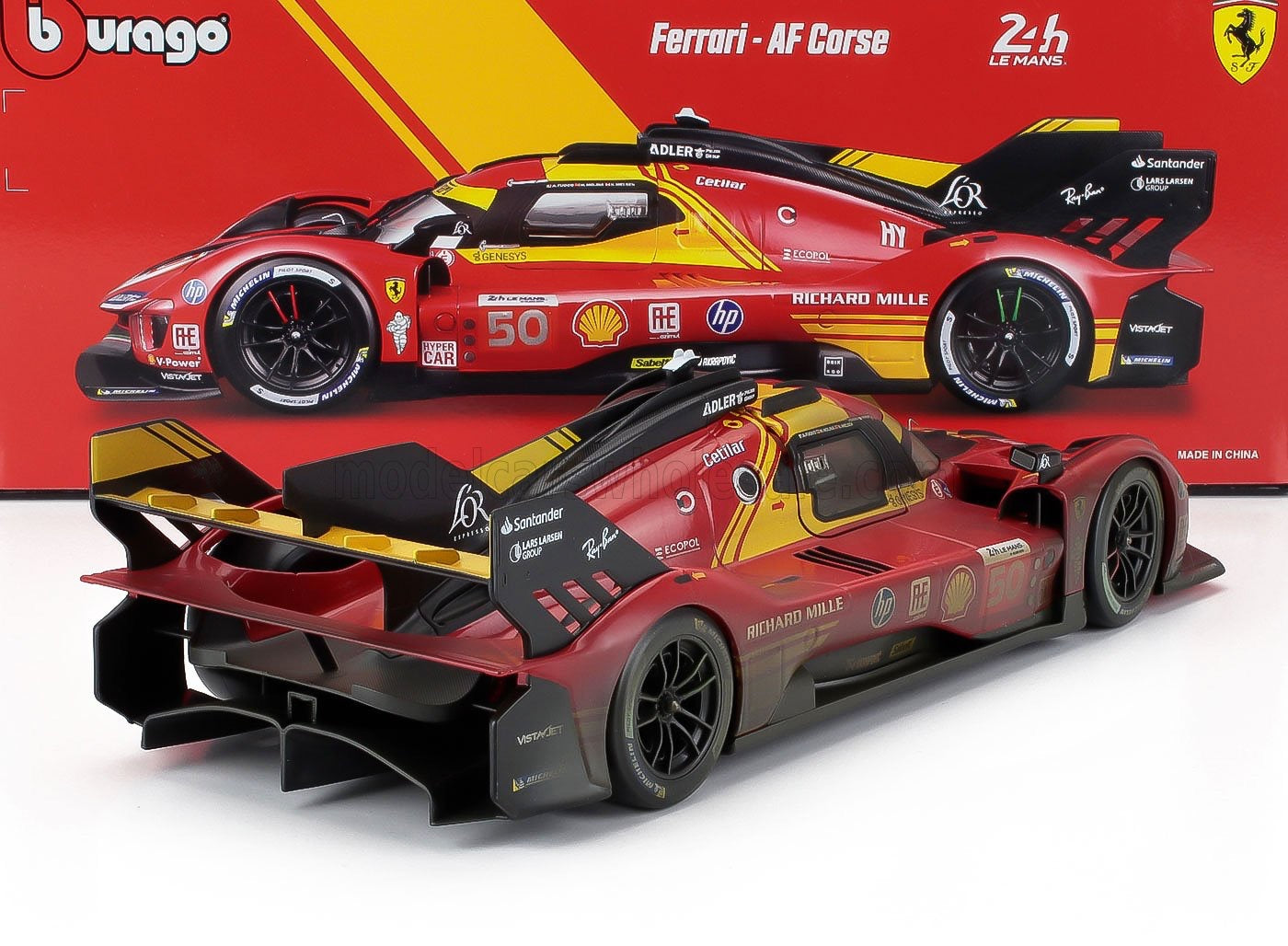 1/18 Burago Signature Die-Cast FERRARI - 499P 3.0L TURBO V6 TEAM FERRARI AF CORSE N 50 WINNER 24h LE MANS (AFTER RACE VERSION) 2024 ANTONIO FUOCO - MIGUEL MOLINA - NICKLAS NIELSEN