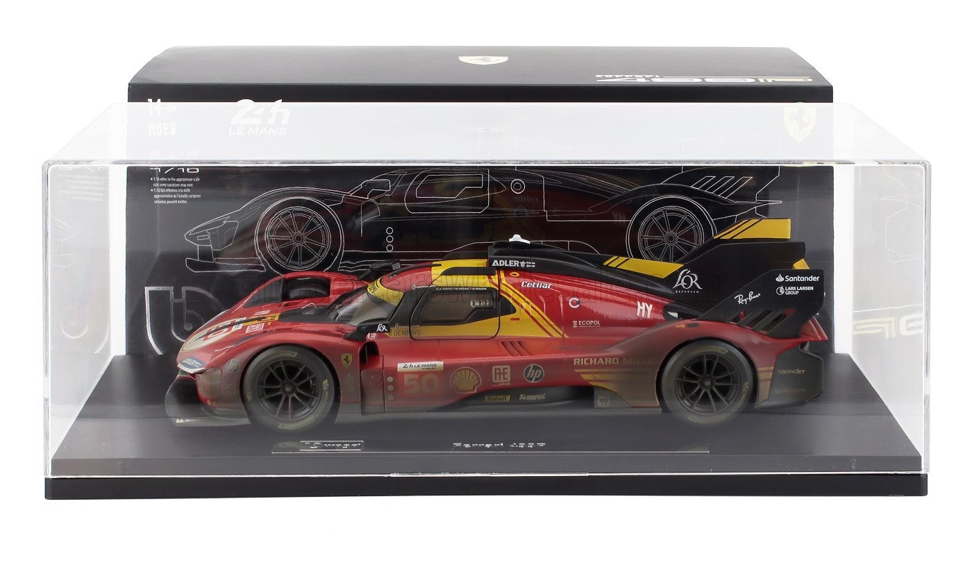 1/18 Burago Signature Die-Cast FERRARI - WITH SHOWCASE - 499P 3.0L TURBO V6 TEAM FERRARI AF CORSE N 50 WINNER 24h LE MANS (AFTER RACE VERSION) 2024 ANTONIO FUOCO - MIGUEL MOLINA - NICKLAS NIELSEN