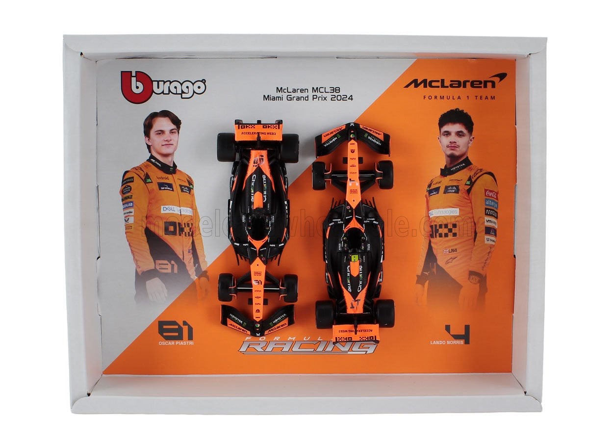 1/43 BURAGO McLAREN - SET F1 2X MCL38 TEAM MCLAREN N 4 WINNER MIAMI GP 2024 FIRST F1 VICTORY LANDO NORRIS + N 81 OSCAR PIASTRI - ORANGE BLACK