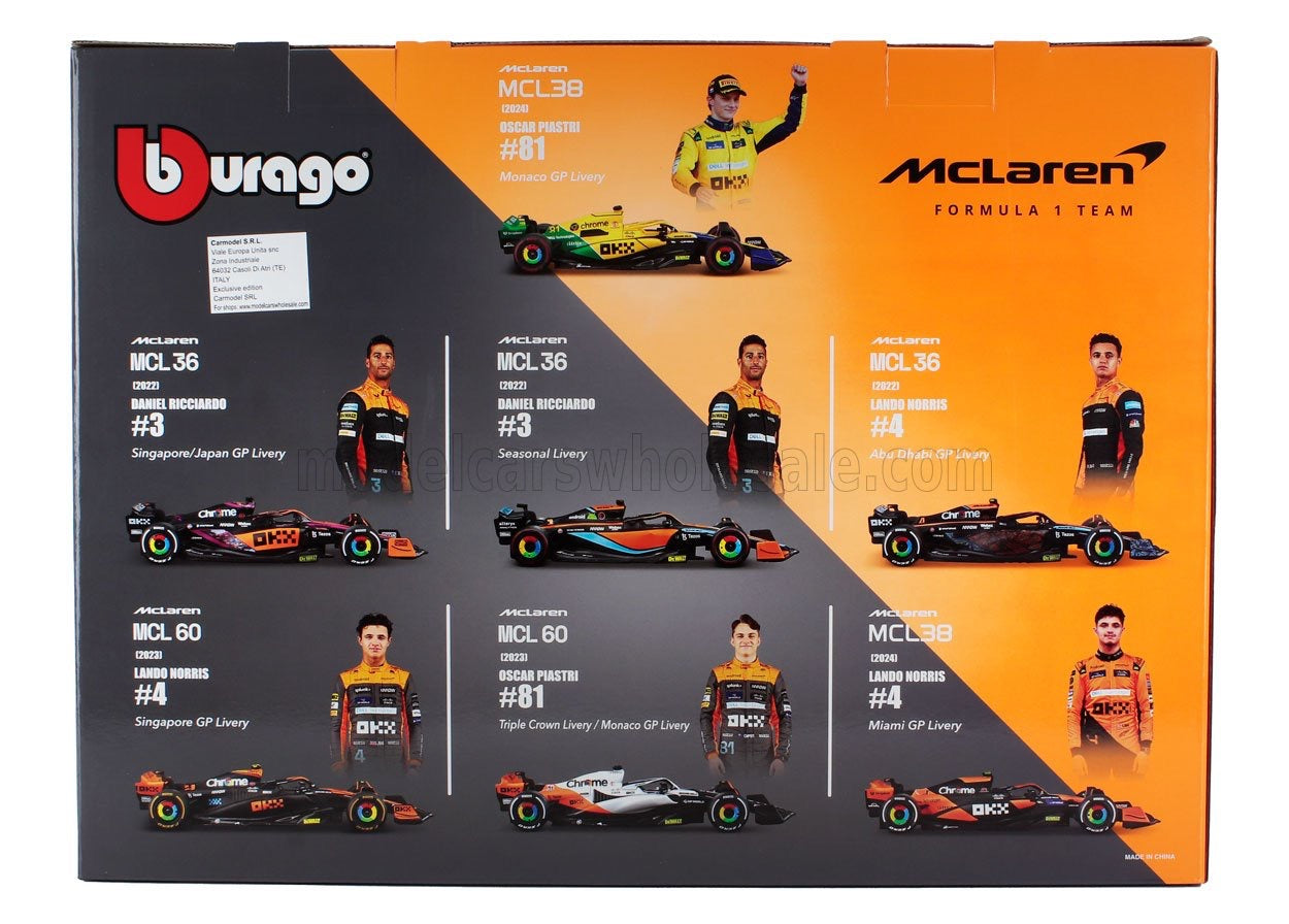 1/43 BURAGO McLAREN - SET F1 7X F1 MCL36 TEAM MCLAREN N 4 2022 + 2X N 3 DANIEL RICCIARDO - MCL60 N 4 2023 LANDO NORRIS + N 81 OSCAR PIASTRI - MCL38 N 4 4th MONACO GP 2024 LANDO NORRIS + N 81 OSCAR PIASTRI