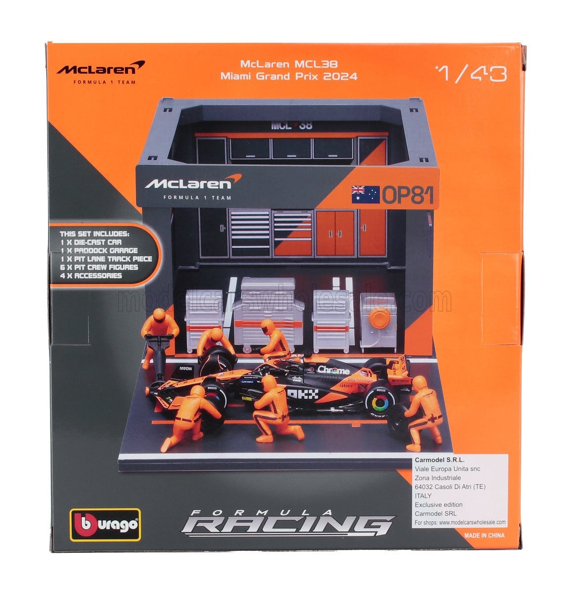 BURAGO - 1/43 - McLAREN - F1 MCL38 DIORAMA GARAGE PIT-STOP TEAM MCLAREN N 81 SEASON 2024 OSCAR PIASTRI WITH CREW FIGURE AND ACCESSORIES