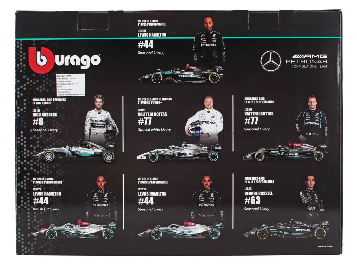 1/43 BURAGO MERCEDES GP - SET F1 7X W05 N 6 2014 NICO ROSBERG - W07 N 44 WORLD CHAMPION 2016 LEWIS HAMILTON - W10 N 77 2019 VALTTERI BOTTAS - W12 N 44 2021 - W13 N 44 2022 - W14 N 63 2023 GEORGE RUSSELL - W15 N 44 2024