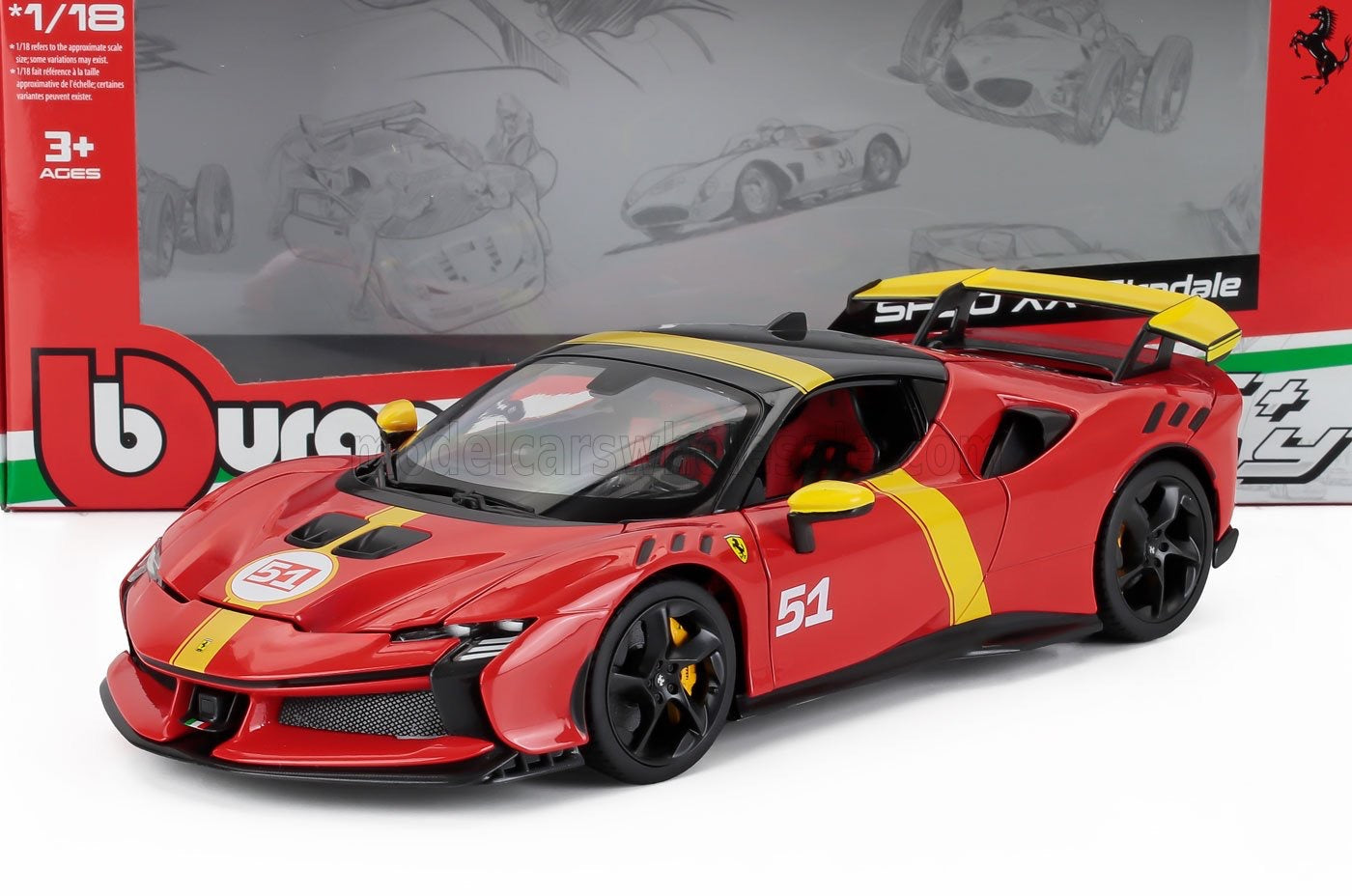 1/18 BURAGO FERRARI - SF90 XX N 51 24h LE MANS WINNER LIVERY - EXCLUSIVE CARMODEL - RED YELLOW