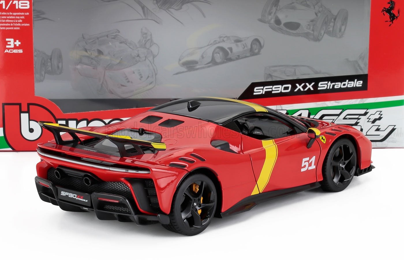 1/18 BURAGO FERRARI - SF90 XX N 51 24h LE MANS WINNER LIVERY - EXCLUSIVE CARMODEL - RED YELLOW