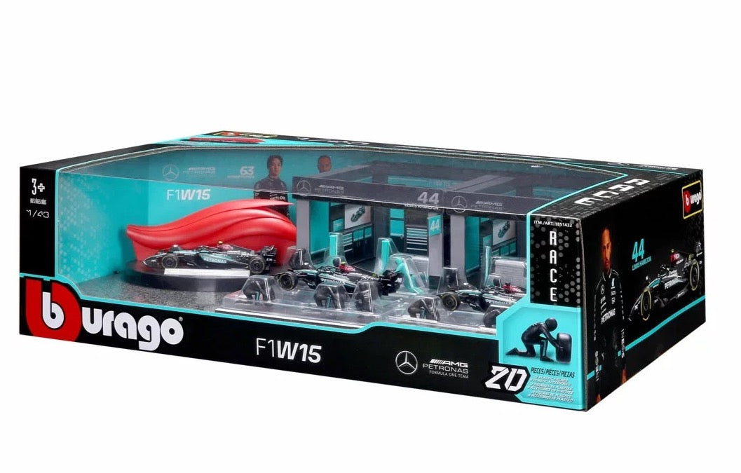 BURAGO 1/43 AMG MERCEDES - F1 W15 DIORAMA GARAGE PIT-STOP TEAM AMG PETRONAS F1 RACING 20 PCS CREW FIGURE AND ACCESSORIES SPECIAL SET!