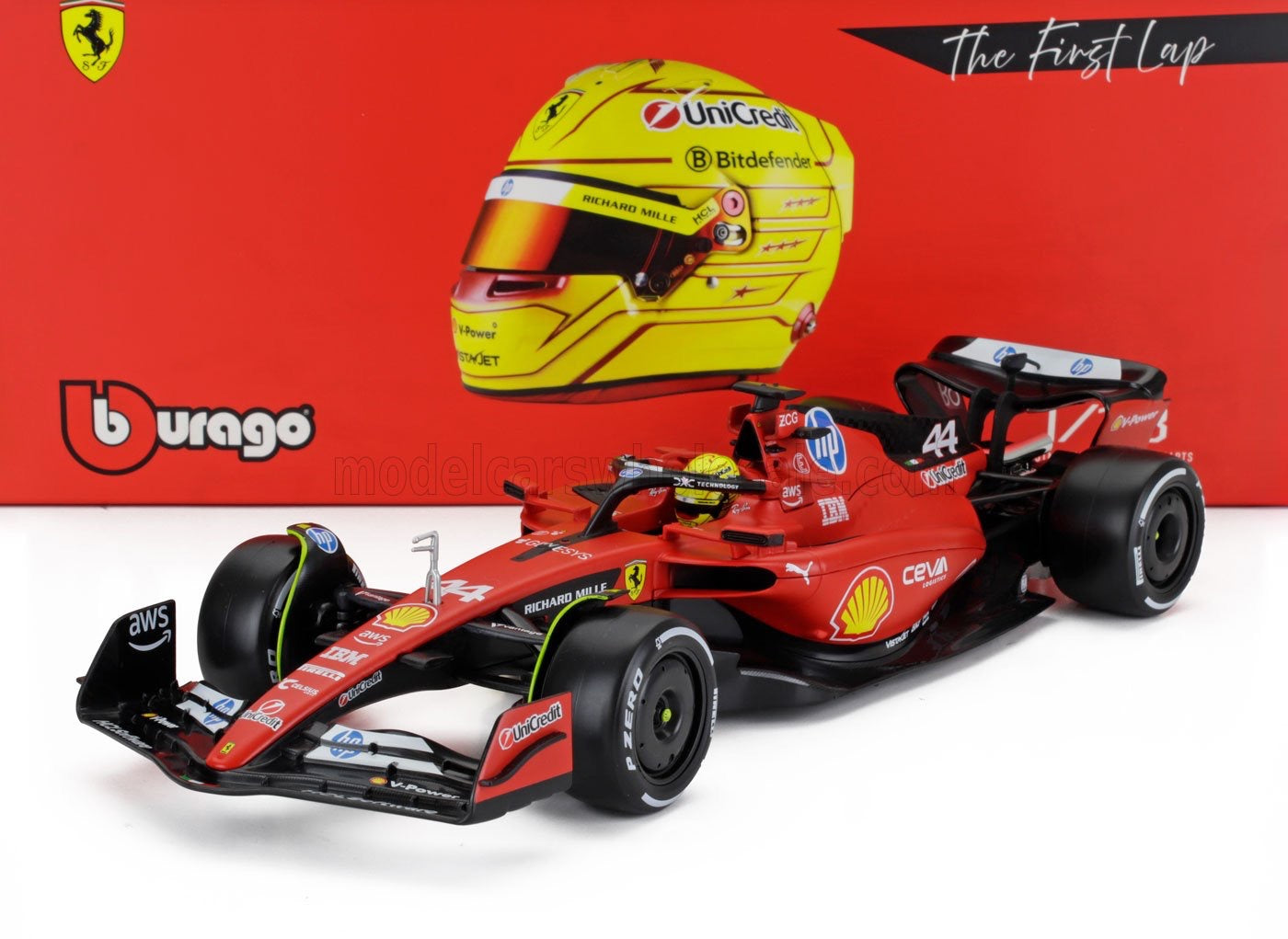 1/18 BURAGO DELUXE FERRARI - F1 SF-23 TEAM SCUDERIA FERRARI HP N 44 FIORANO 2025 LEWIS HAMILTON - EXCLUSIVE w/ Display Case!