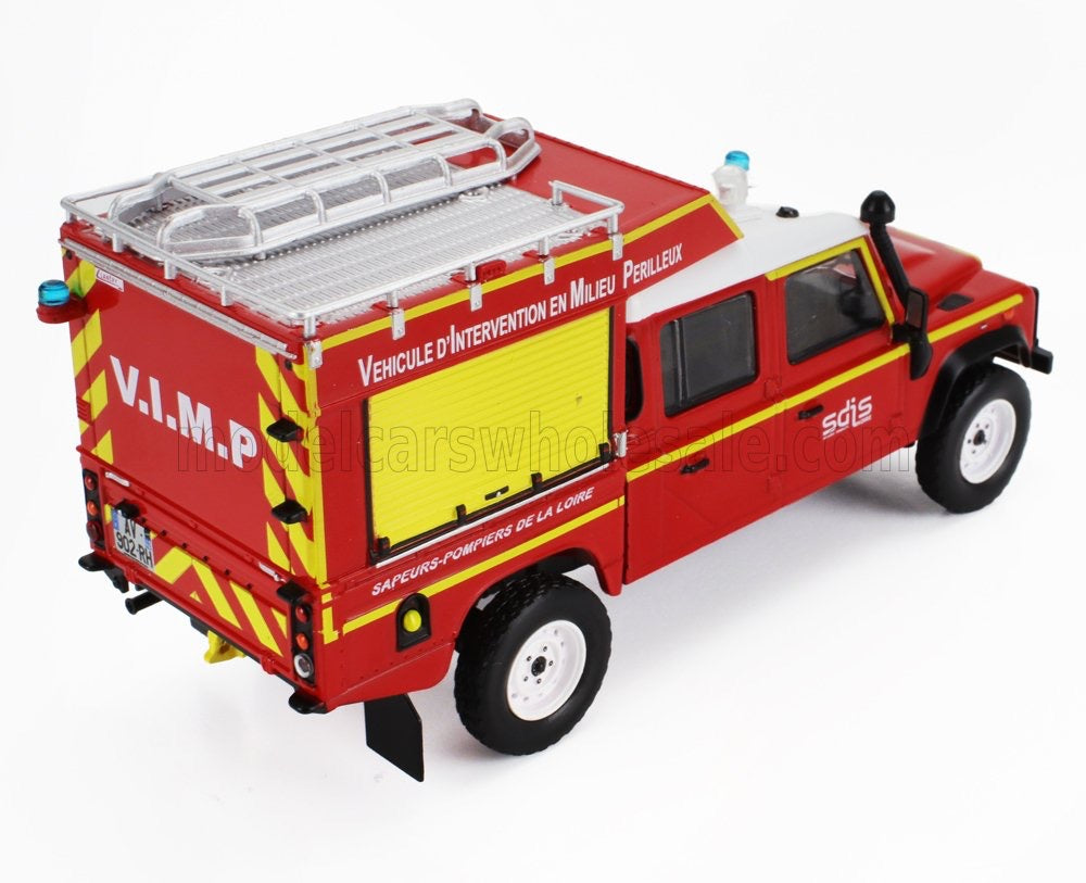 HACHETTE - 1/43 - LAND ROVER - DEFENDER 130 PICK-UP CLOSED SDIS VEHICULE D'INTERVENTION EN MILEU PERILLEUX DE LA LOIRE FIRE ENGINE 1986 - RED YELLOW SILVER