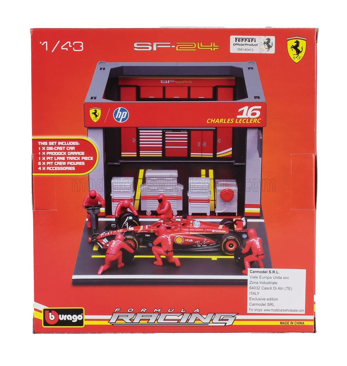 BURAGO - 1/43 - FERRARI - F1 SF-24 DIORAMA GARAGE PIT-STOP TEAM SCUDERIA FERRARI N 16 SEASON 2024 CHARLES LECLERC WITH CREW FIGURE AND ACCESSORIES