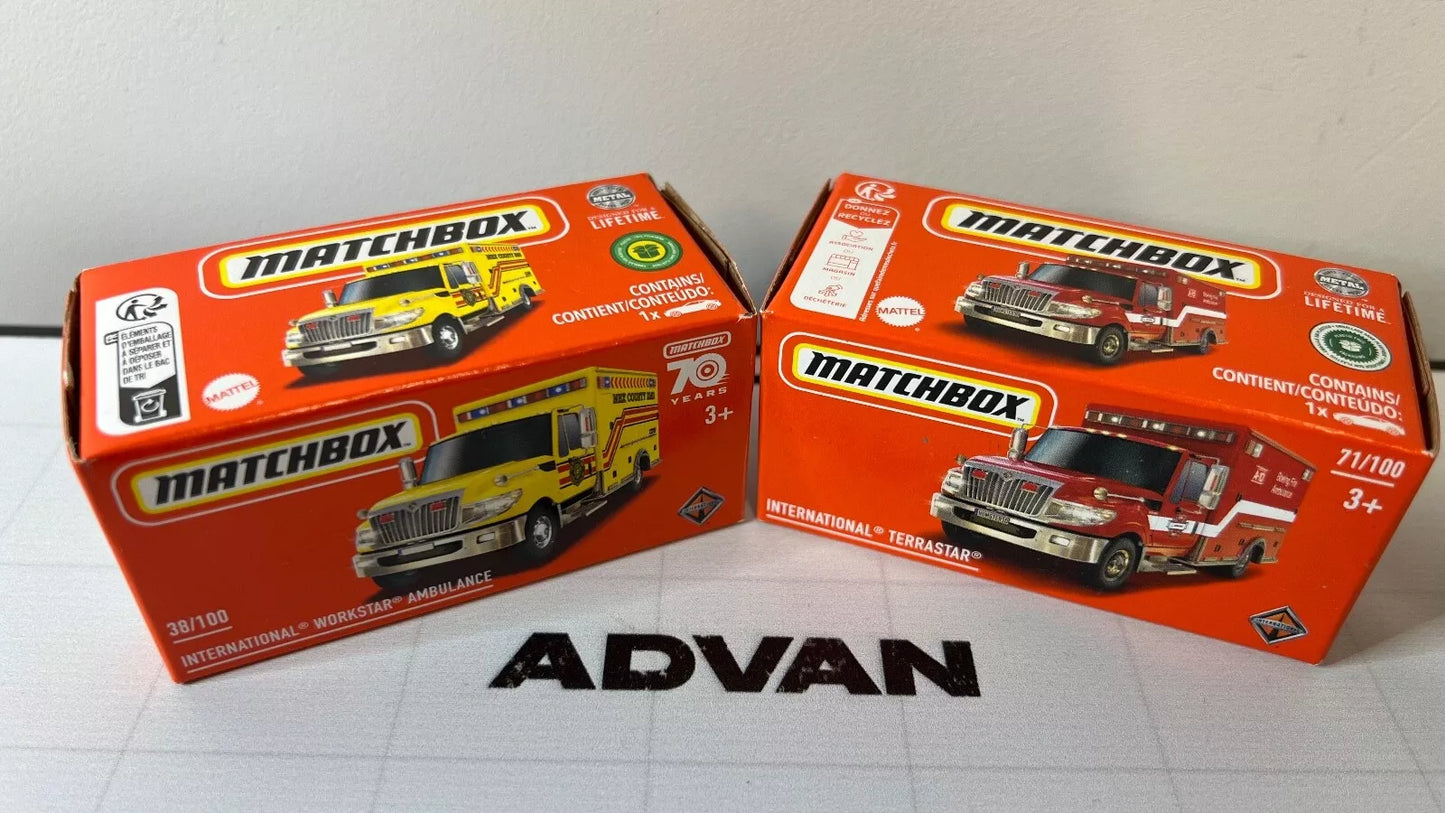 MATCHBOX POWER GRAB '23 INTERNATIONAL WORKSTAR & '24 TERRASTAR FIRE AMBULANCE