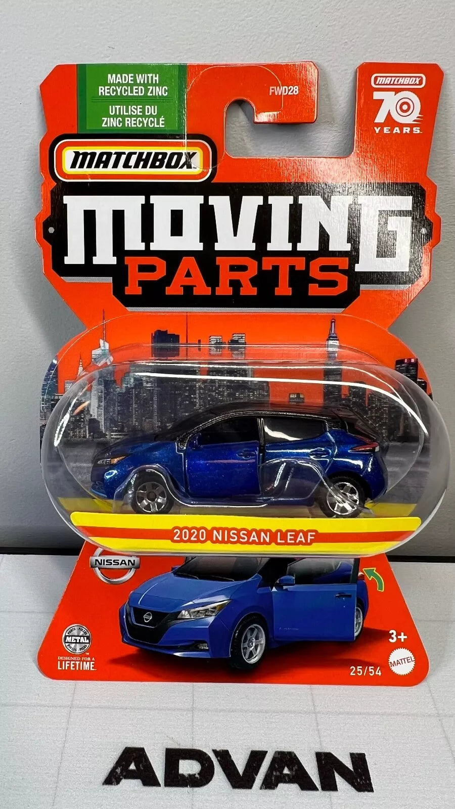 Matchbox Moving Parts 2020 Nissan Leaf Hatchback EV 70 Years Opening Hood Blue
