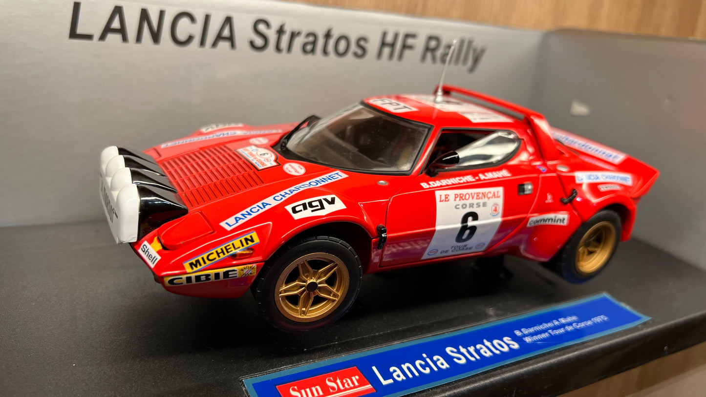 Rare Sun Star 1/18 Die-Cast Lancia Stratos HF Winner Rally Tour de Corse 1975 Darniche Mahe w/ Full Openings & Detailed Engine & Interiors
