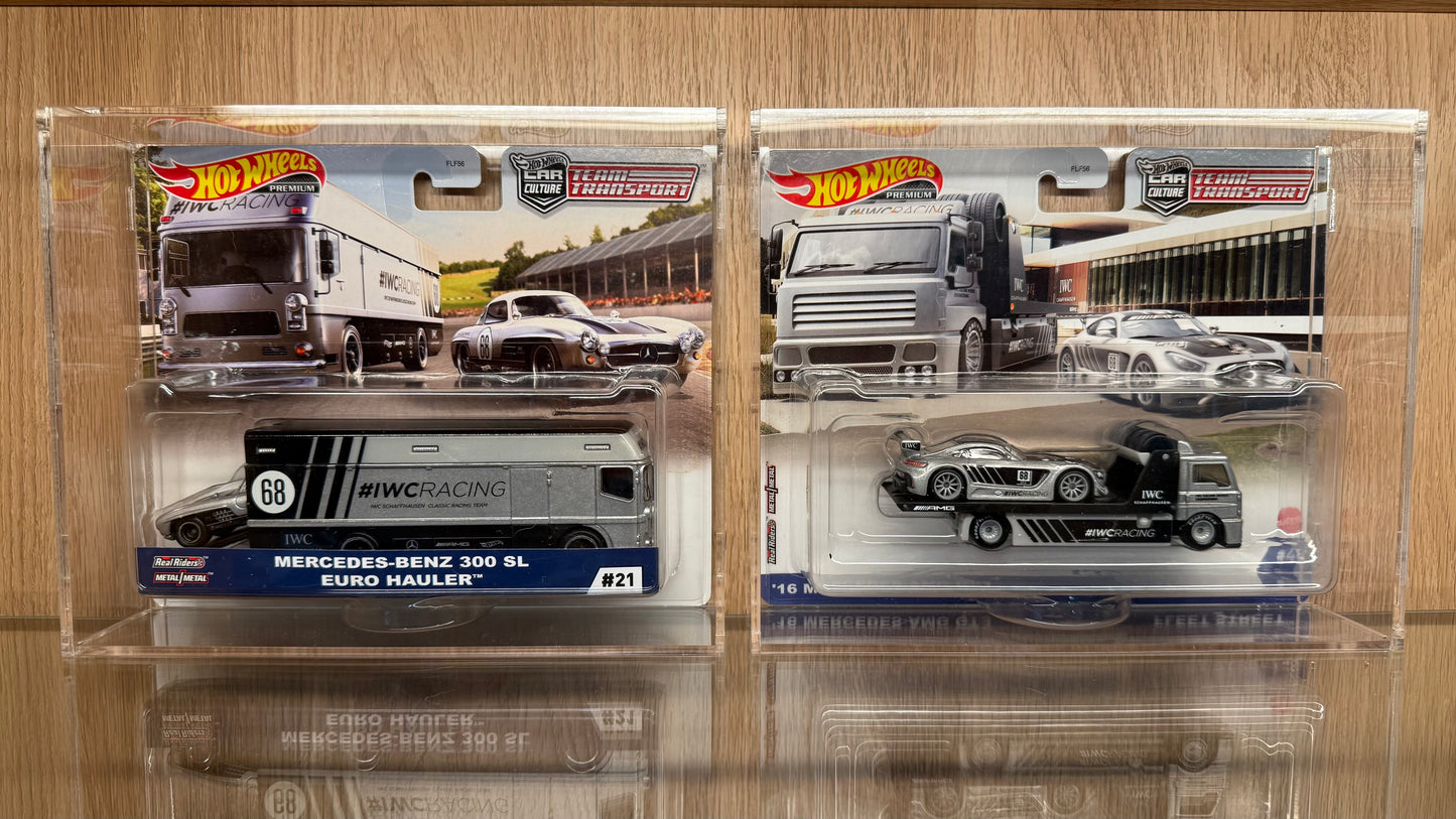 Hot Wheels Premium Team Transport IWC #21 Mercedes-Bnez 300 SL & #48 AMG GT3 Set In Acrylic Display Case
