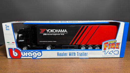 1/43 BURAGO Street Fire Hauler Tractor Truck with Trailer Yokohama Motorsports w/ Opening Trailer Doors