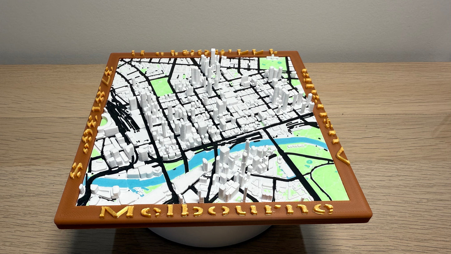 Full 6 colour 3D Printed City of Melbourne on Custom 3D Base w/ City names and Longitude & Latitude