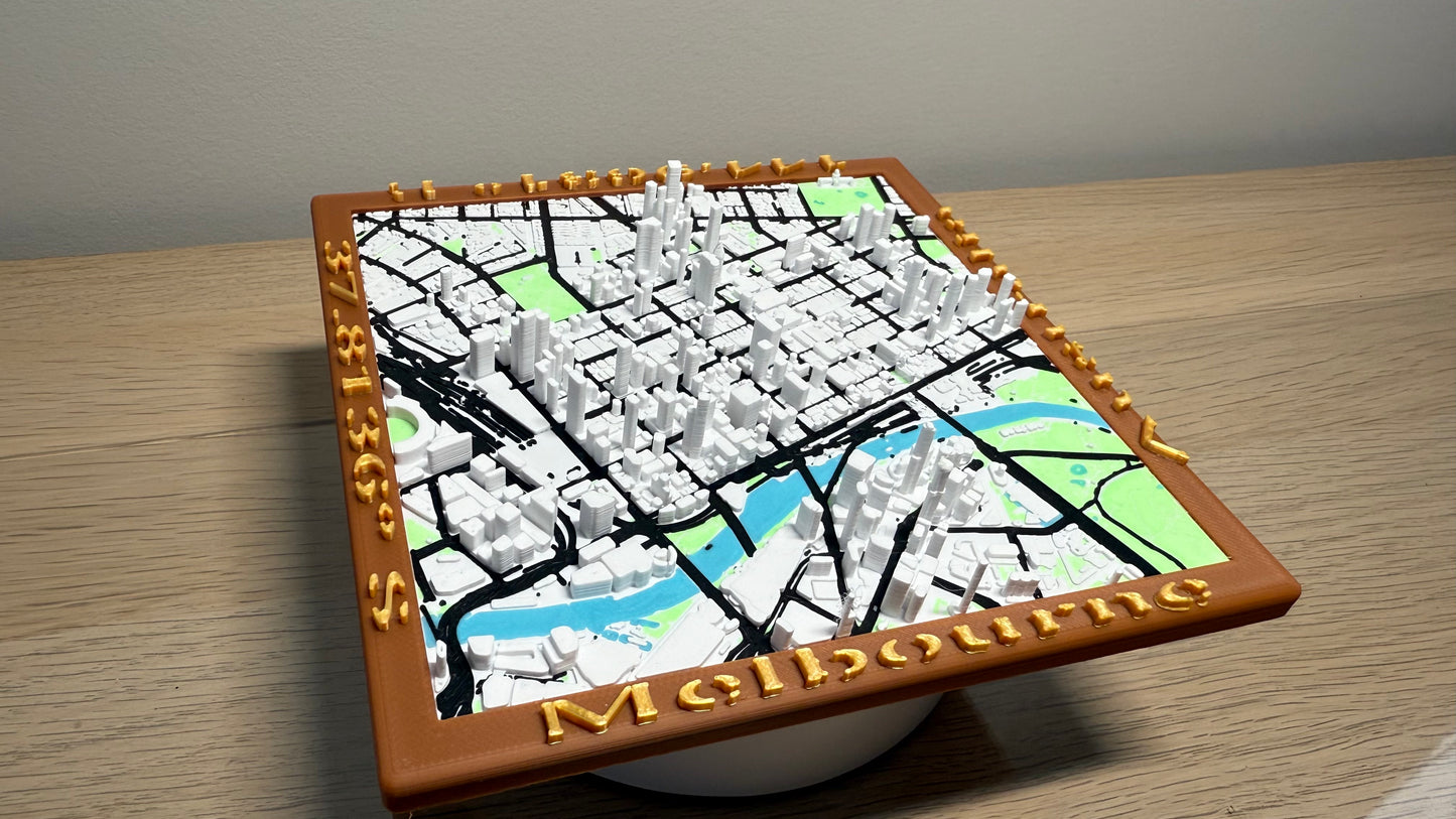 Full 6 colour 3D Printed City of Melbourne on Custom 3D Base w/ City names and Longitude & Latitude