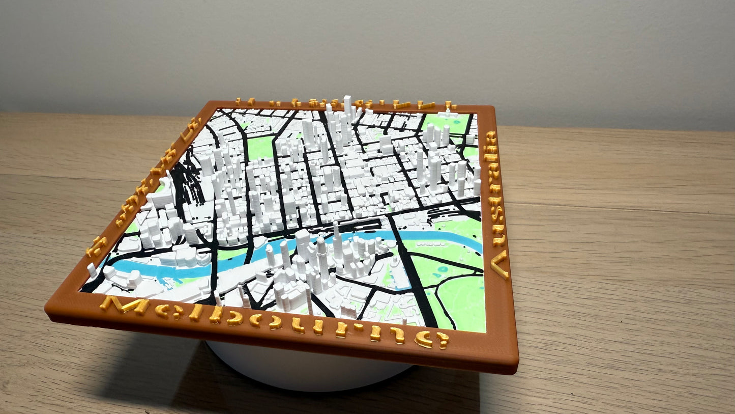 Full 6 colour 3D Printed City of Melbourne on Custom 3D Base w/ City names and Longitude & Latitude