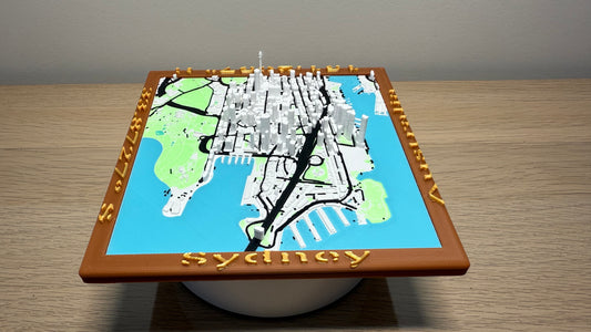 Full 6 colour 3D Printed City of Sydney on Custom 3D Base w/ City names and Longitude & Latitude