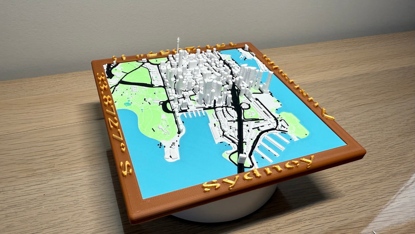 Full 6 colour 3D Printed City of Sydney on Custom 3D Base w/ City names and Longitude & Latitude