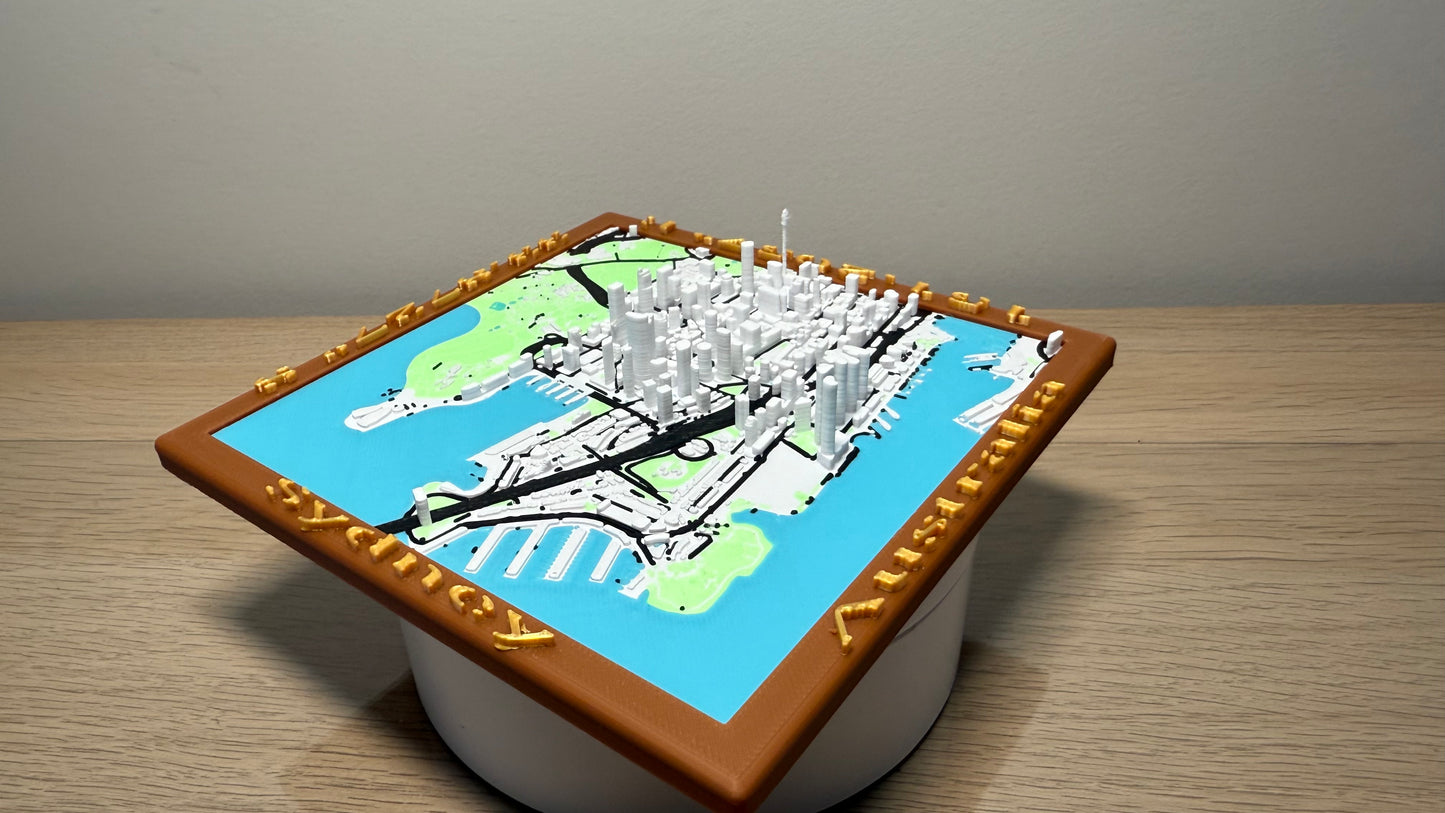 Full 6 colour 3D Printed City of Sydney on Custom 3D Base w/ City names and Longitude & Latitude