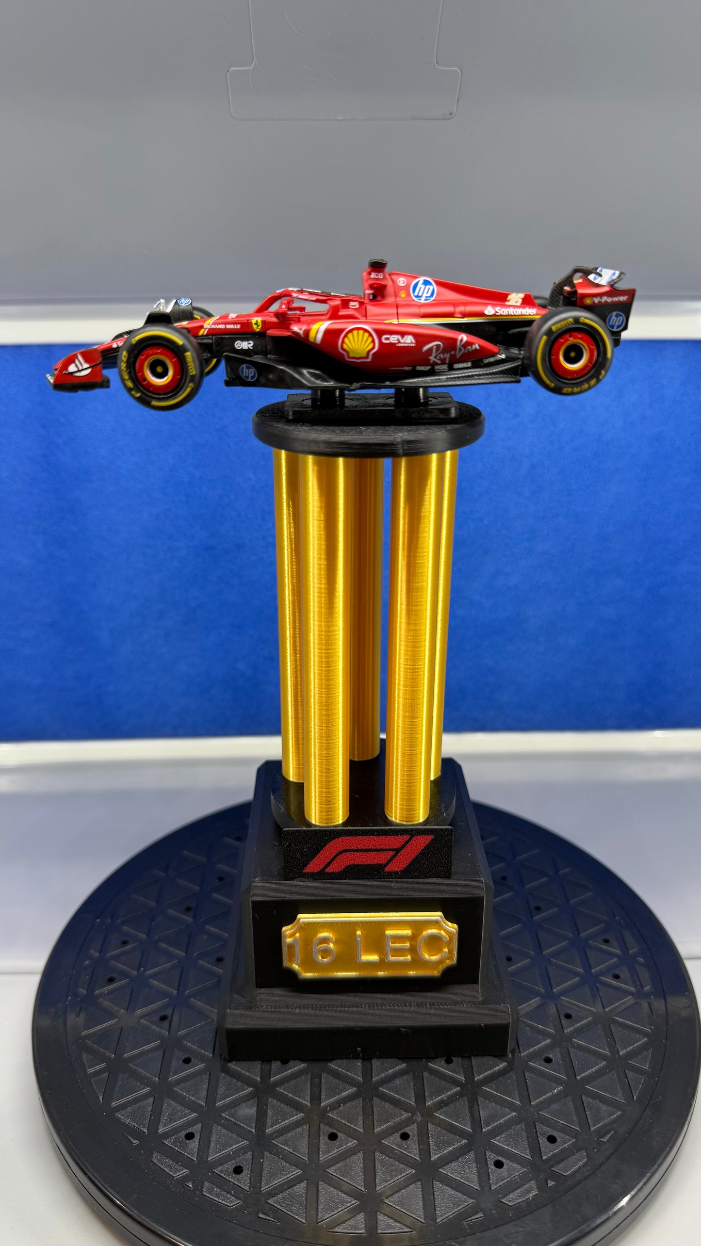 1/43 Die-Cast Ferrari F1 #16 Charles Leclerc on Custom 3D Printed Winner’s Trophy Display Stand