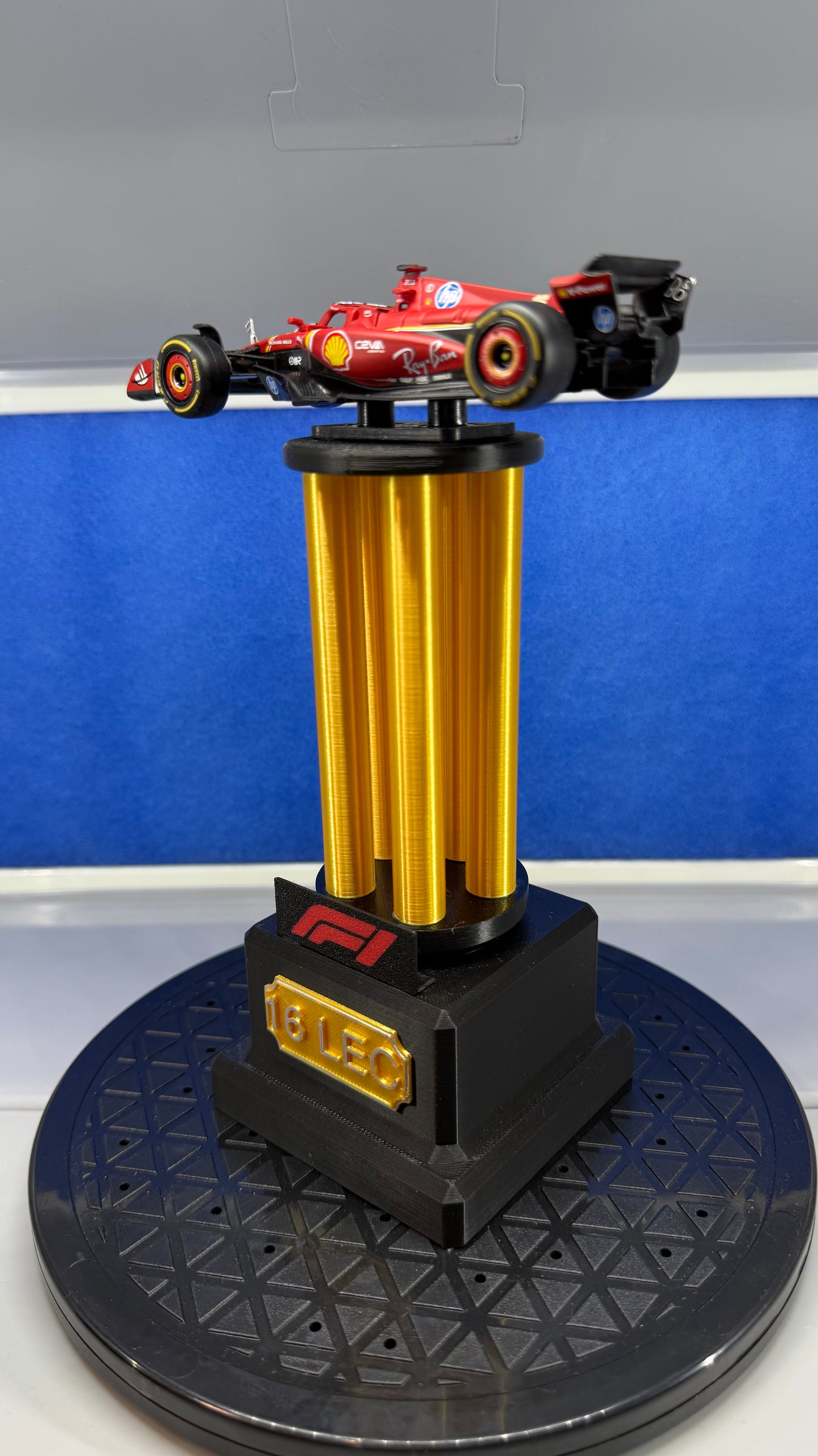 1/43 Die-Cast Ferrari F1 #16 Charles Leclerc on Custom 3D Printed Winner’s Trophy Display Stand