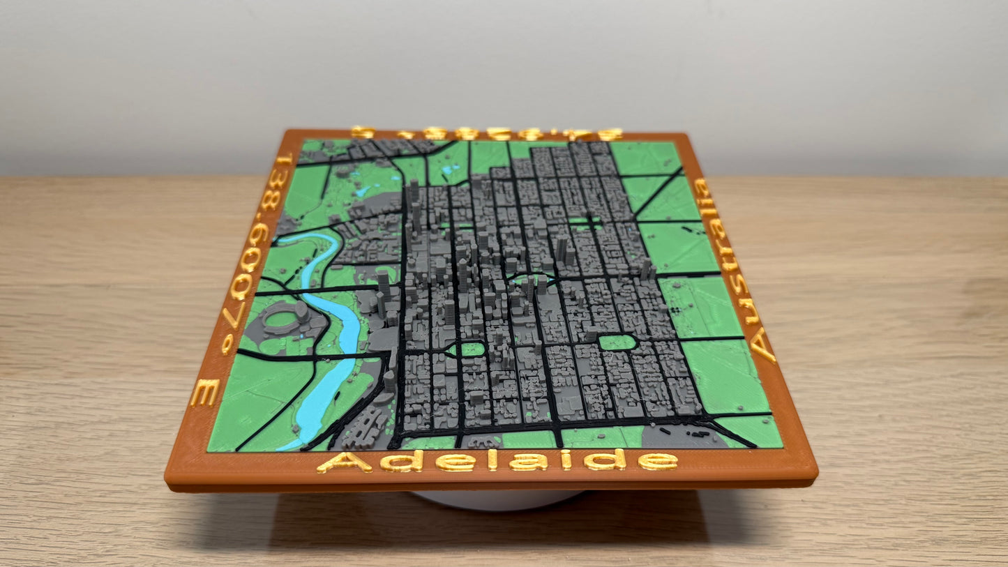 Full 6 Colour 3D Printed Map of Adelaide Parkland Zoo Oval Botanic Garden Measures 16.7X16.7X2.2cm