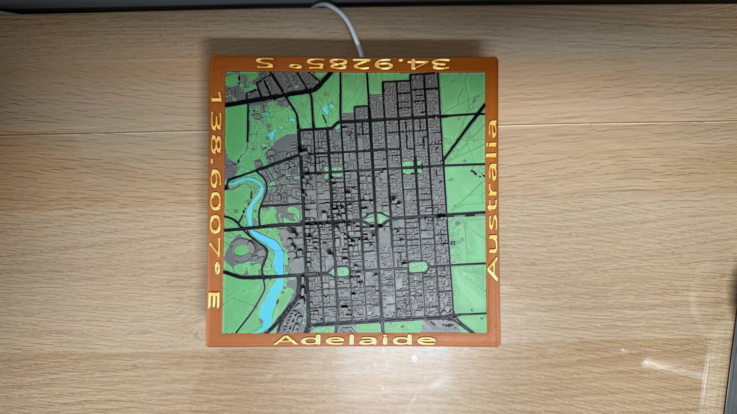 Full 6 Colour 3D Printed Map of Adelaide Parkland Zoo Oval Botanic Garden Measures 16.7X16.7X2.2cm