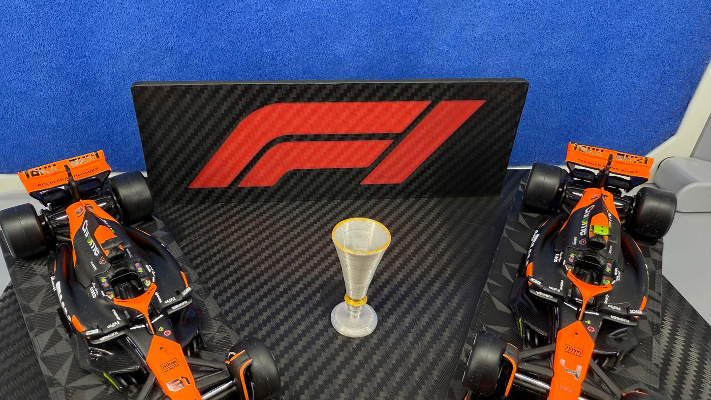 1/43 Die-Cast McLaren F1 Constructors World Champion Carbon Fibre Finish Diorama Set w/ LN4 Lando Norris OP81 Oscar Piastri & Replica Trophy