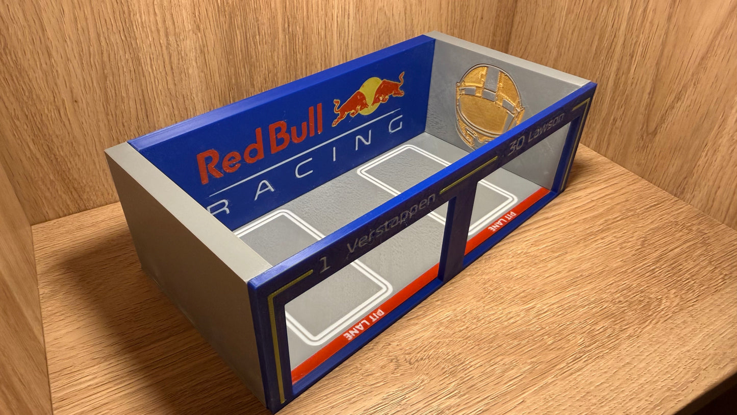 1/64 Scale Red Bull F1 Pit Garage Verstappen & Lawson for Hot Wheels Die-Cast Cars