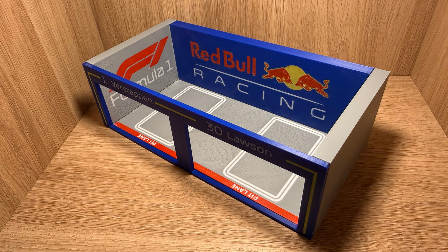 1/64 Scale Red Bull F1 Pit Garage Verstappen & Lawson for Hot Wheels Die-Cast Cars
