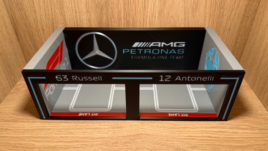 1/64 Mercedes AMG F1 Pit Garage Russell & Antonelli for Hot Wheels Spark Burago