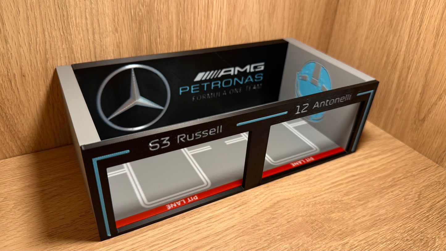 1/64 Mercedes AMG F1 Pit Garage Russell & Antonelli for Hot Wheels Spark Burago