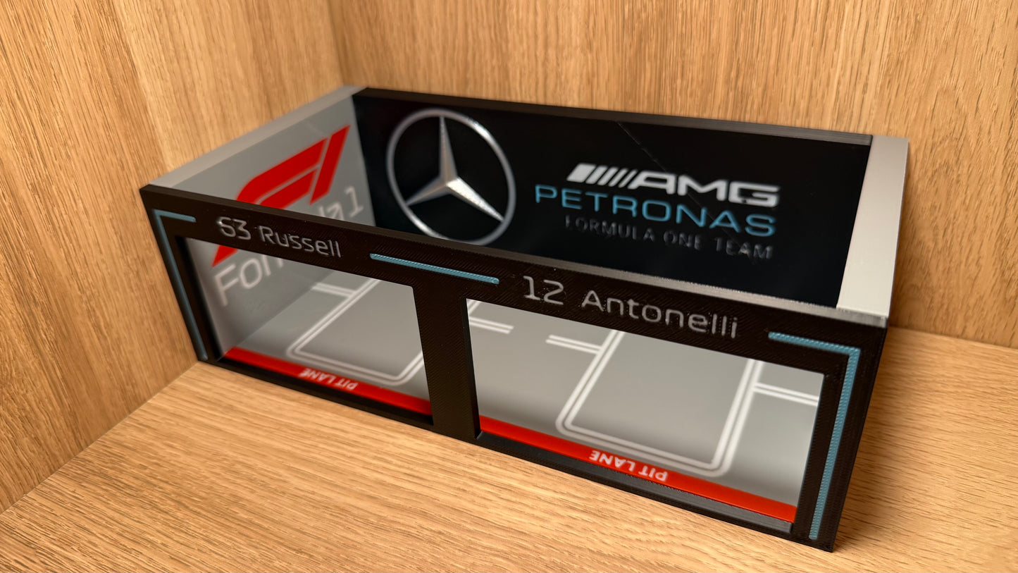 1/64 Mercedes AMG F1 Pit Garage Russell & Antonelli for Hot Wheels Spark Burago