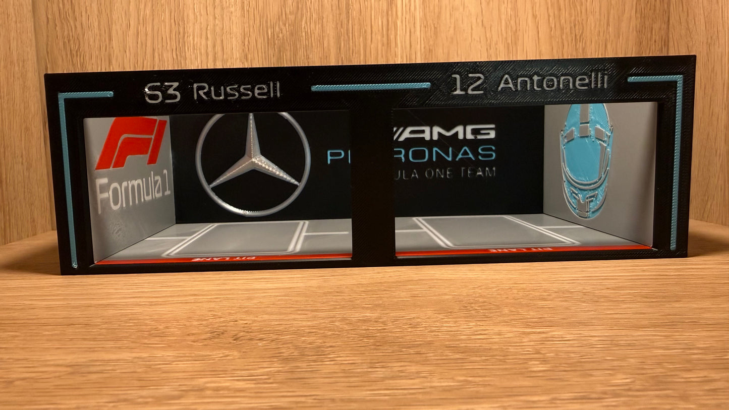 1/64 Mercedes AMG F1 Pit Garage Russell & Antonelli for Hot Wheels Spark Burago