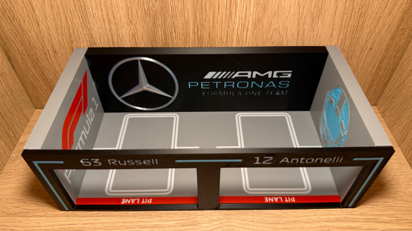 1/64 Mercedes AMG F1 Pit Garage Russell & Antonelli for Hot Wheels Spark Burago