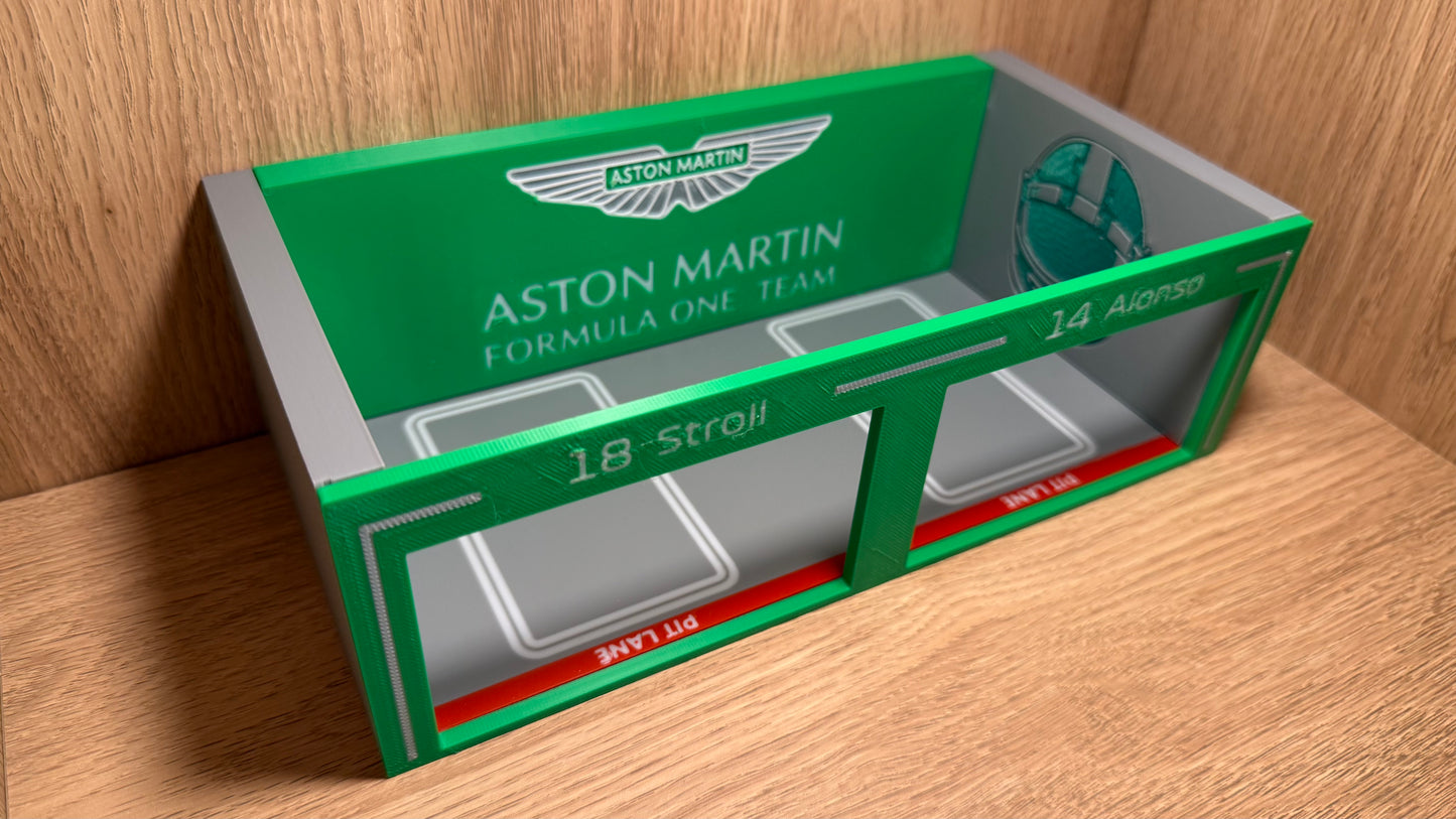 1/64 Aston Martin F1 Pit Garage Alonso & Stroll Piastri Hot Wheels Spark Burago