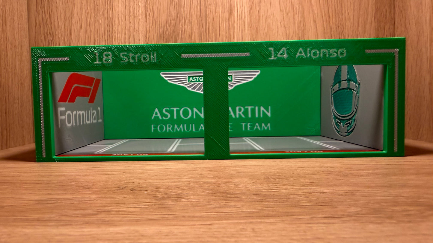 1/64 Aston Martin F1 Pit Garage Alonso & Stroll Piastri Hot Wheels Spark Burago