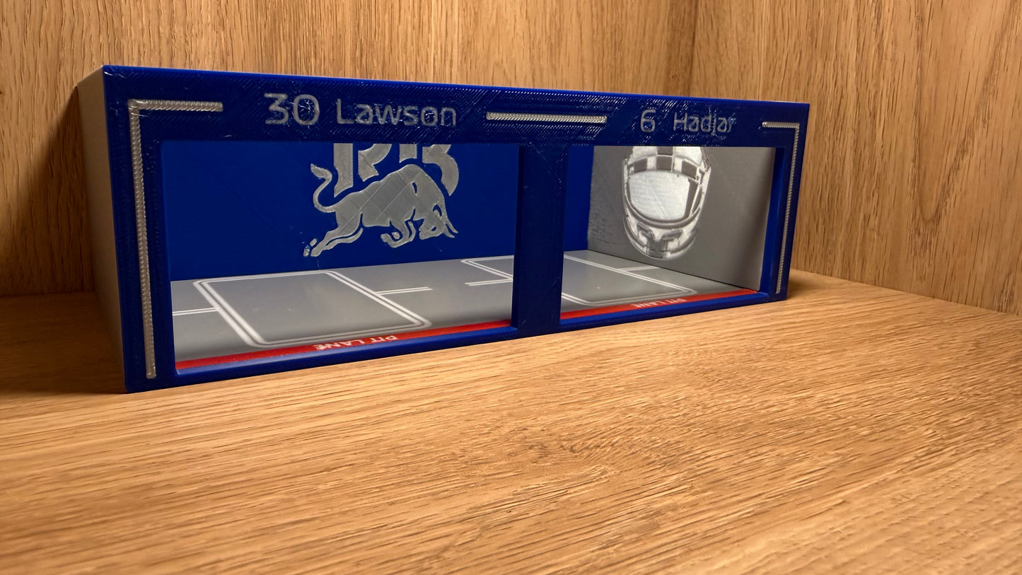 1/64 ViSA RB Racing F1 Pit Garage Lawson & Hadjar Hot Wheels Spark Burago