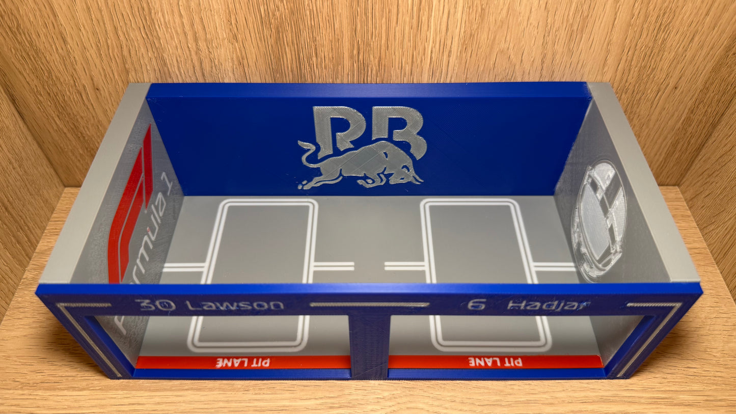 1/64 ViSA RB Racing F1 Pit Garage Lawson & Hadjar Hot Wheels Spark Burago