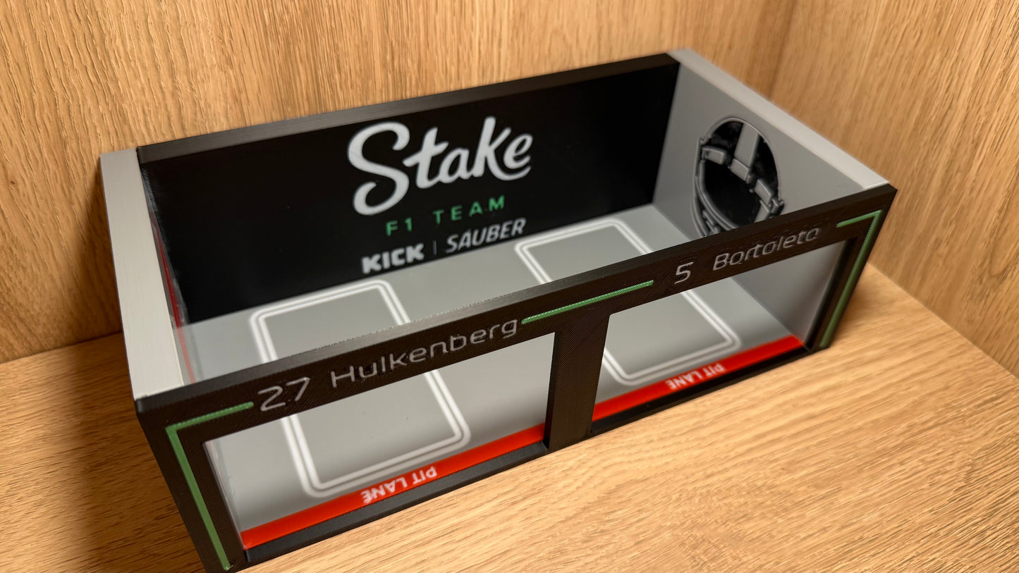 1/64 Stake Sauber F1 Pit Garage Hulkenberg & Bortoleto Hot Wheels Spark Burago