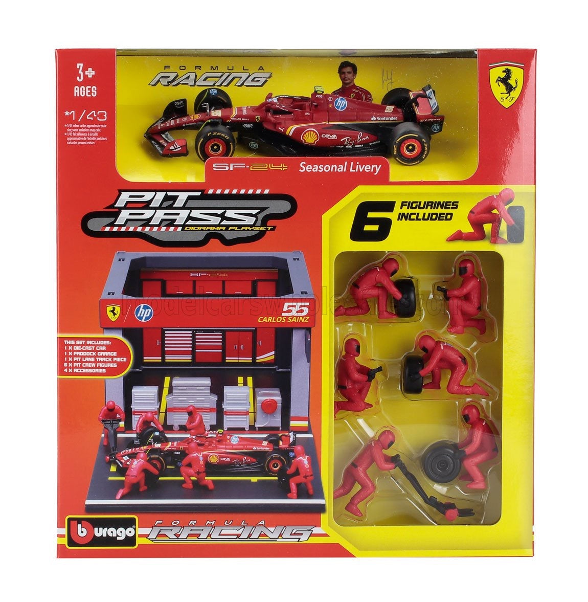 BURAGO - 1/43 - FERRARI - F1 SF-24 DIORAMA GARAGE PIT-STOP TEAM SCUDERIA FERRARI N 55 SEASON 2024 CARLOS SAINZ WITH CREW FIGURE AND ACCESSORIES