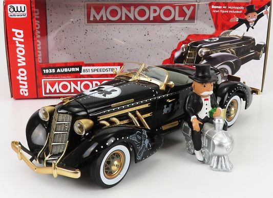 1/18 AUTOWORLD AUBURN - 851 SPEEDSTER OPEN 1935 WITH Mr. MONOPOLY FIGURE - BLACK GOLD LIMITED EDITION