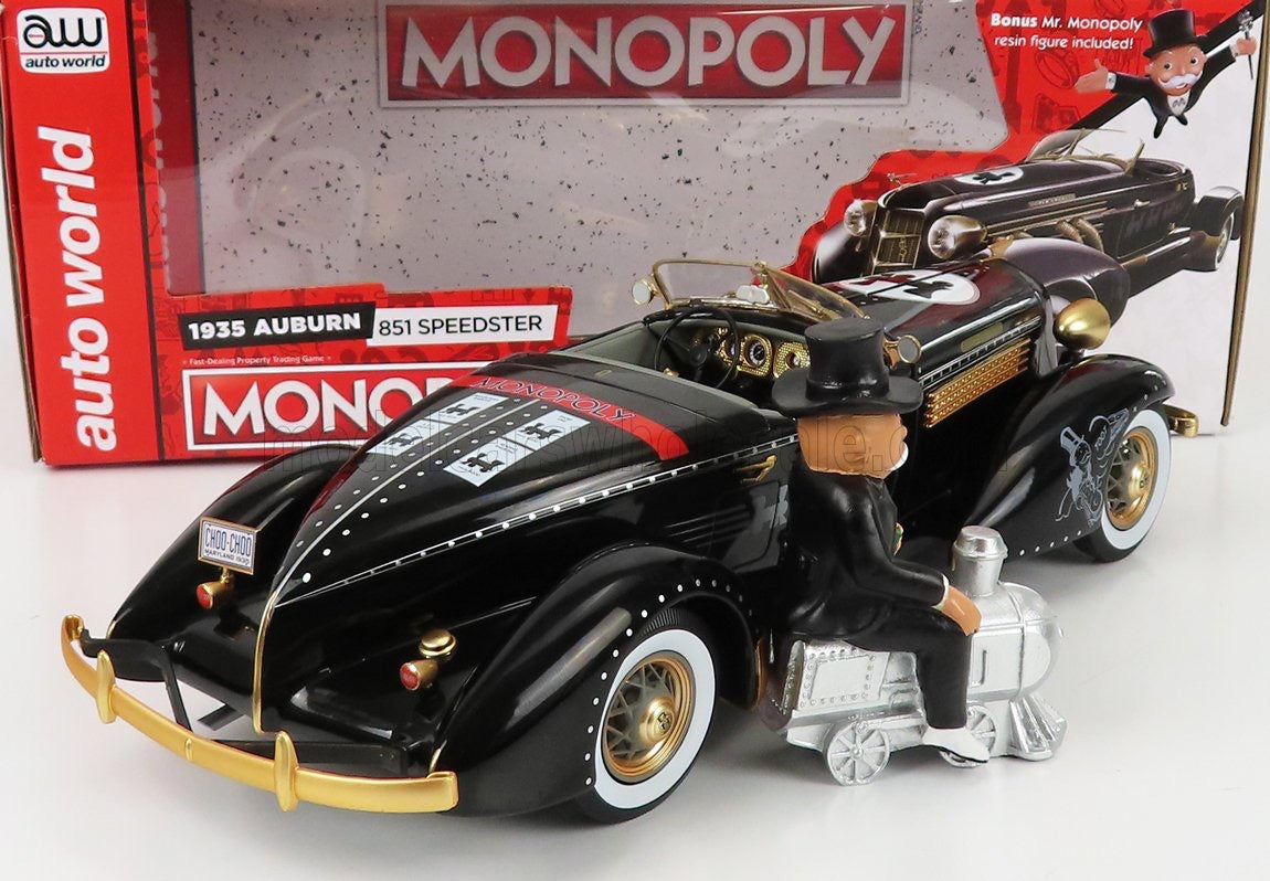 1/18 AUTOWORLD AUBURN - 851 SPEEDSTER OPEN 1935 WITH Mr. MONOPOLY FIGURE - BLACK GOLD LIMITED EDITION